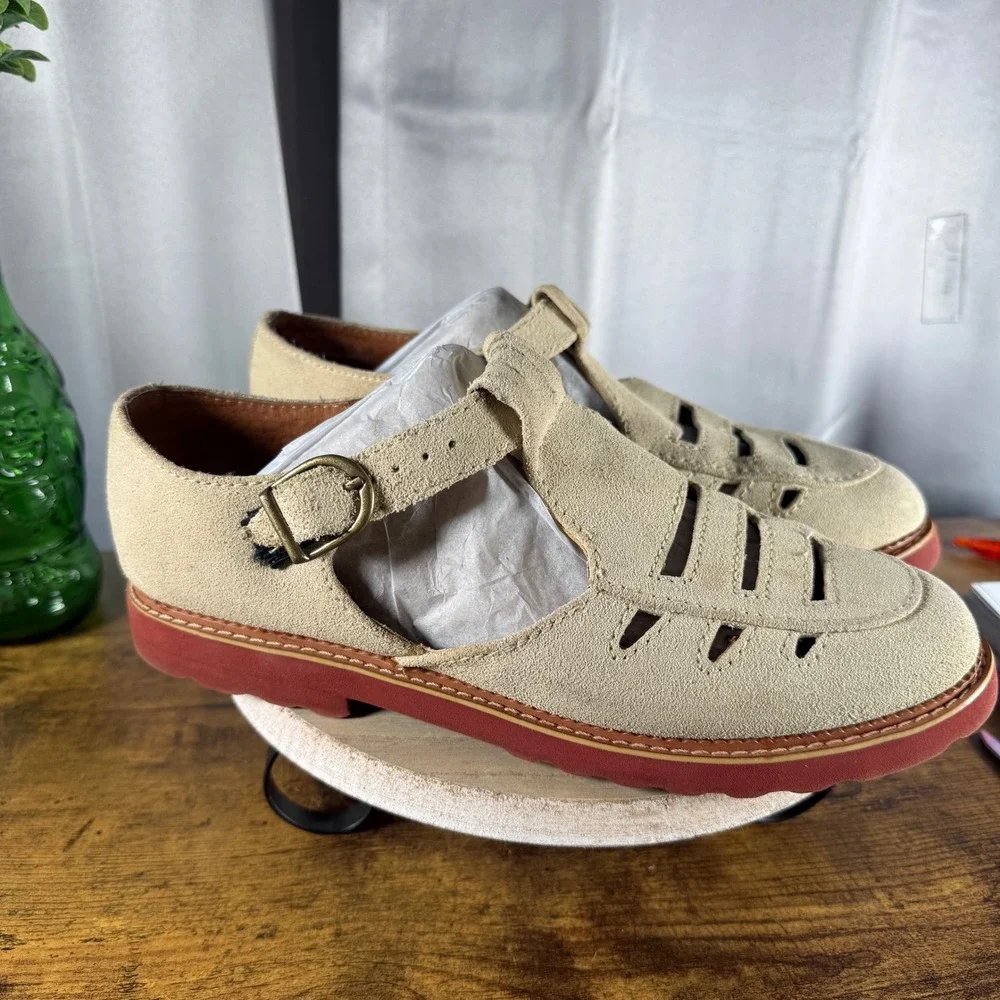 Esprit Balboa T-Strap Fisherman Style Oxfords 10 Tan Suede Red Sole Vtg 90s RAE